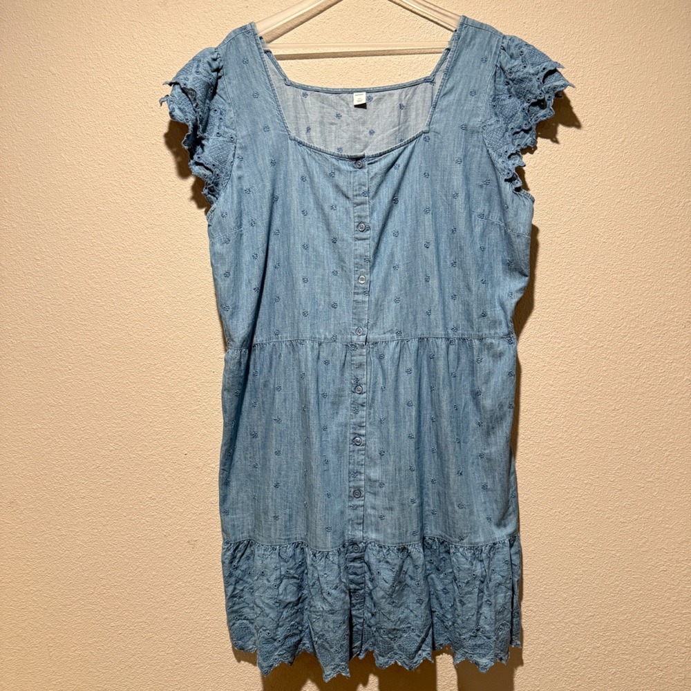 Old Navy Womens XXL Blue Denim Eyelet Embroidered Button Front Babydoll Dress